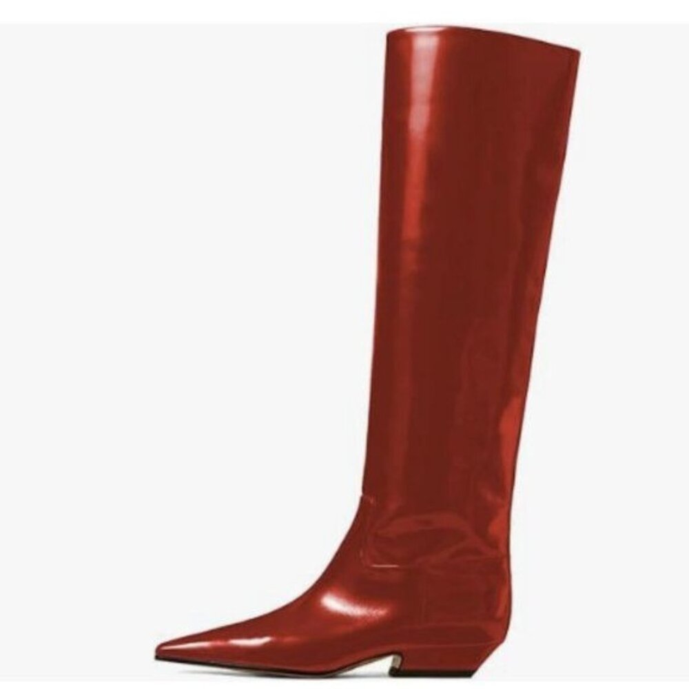 miss left Women Square Toe Knee High Boot Wide Calf Low Heel Flat Red Shoes